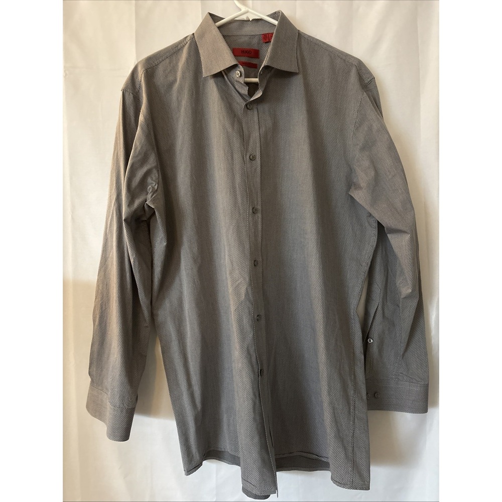 Hugo Boss Button Up Shirt Men 32/33 Gray Modern Fit Line Long‎ Sleeve